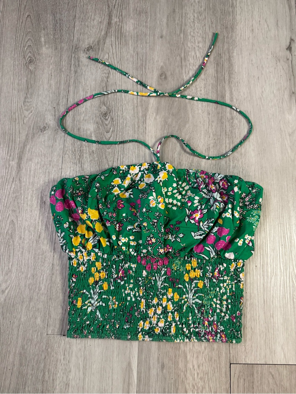 Anthropologie Maeve Woven Green Floral Summer Cropped Halter Top Size XS